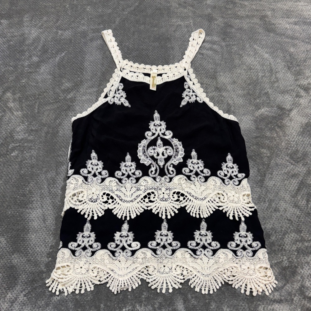 Shoreline Womens Black Cotton Crochet Embroidered Boho Halter Tank Top Vintage